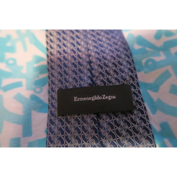 Ermenegildo Zegna Hearts Swirl Silk Tie Blue Silver TCT2019 Made in Italy Recent - Picture 2 of 5